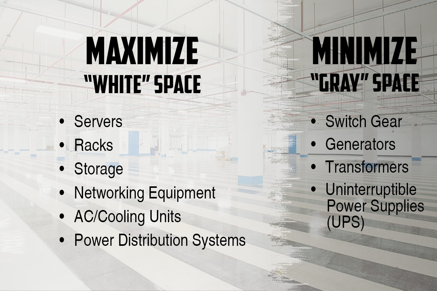 White space is the revenue-generating area of a data center. It includes all the IT equipment: servers, racks, storage, networking equipment, air conditioning units, and power distribution systems. Gray space is a data center’s insurance policy and includes the back-end equipment such as switch gear, uninterruptible power supplies (UPS), transformers, and back-up generators.